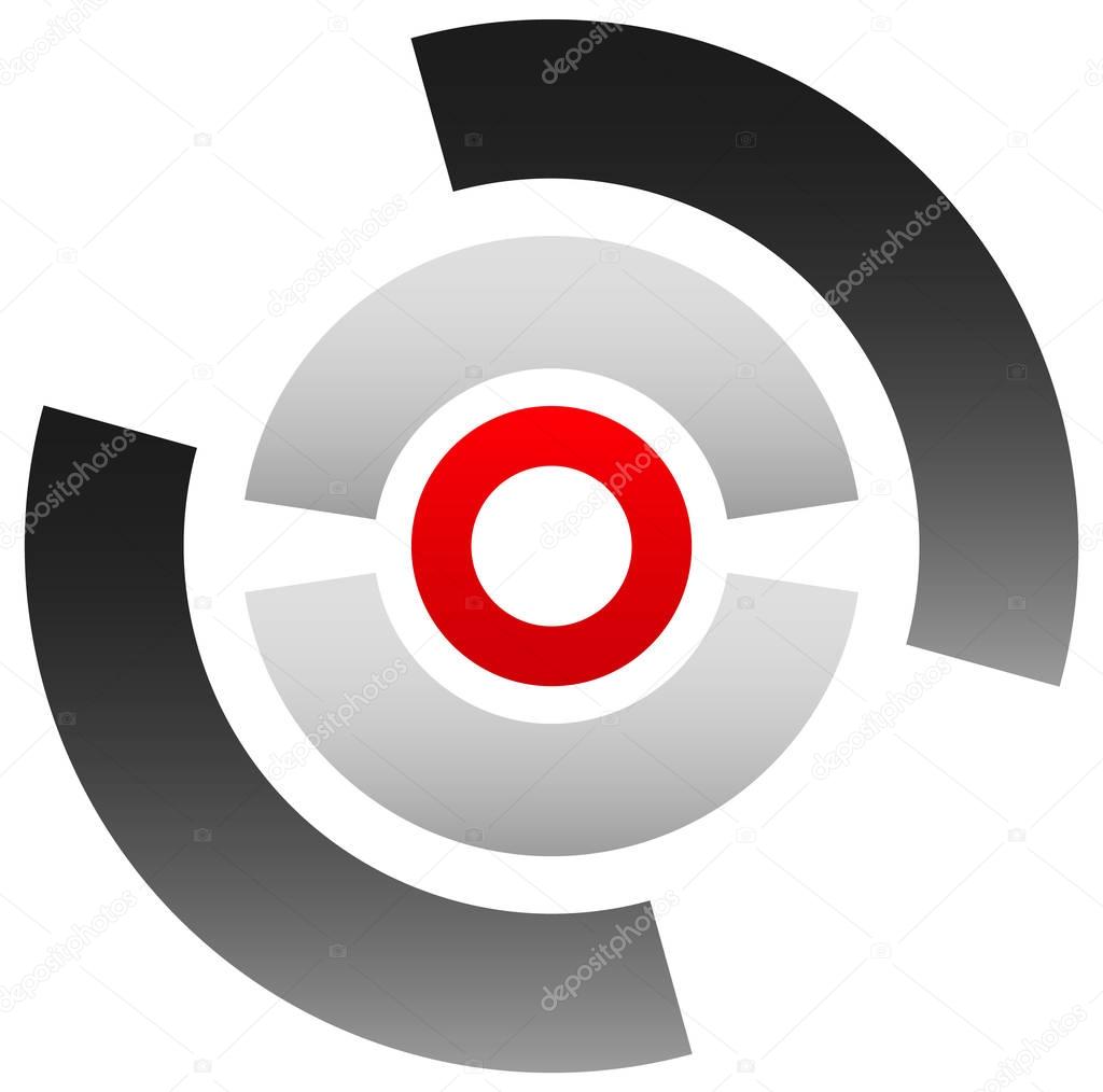 Crosshair icon, target symbol. Pinpoint, bullseye sign. Concentric, segmented circles with red dot at center