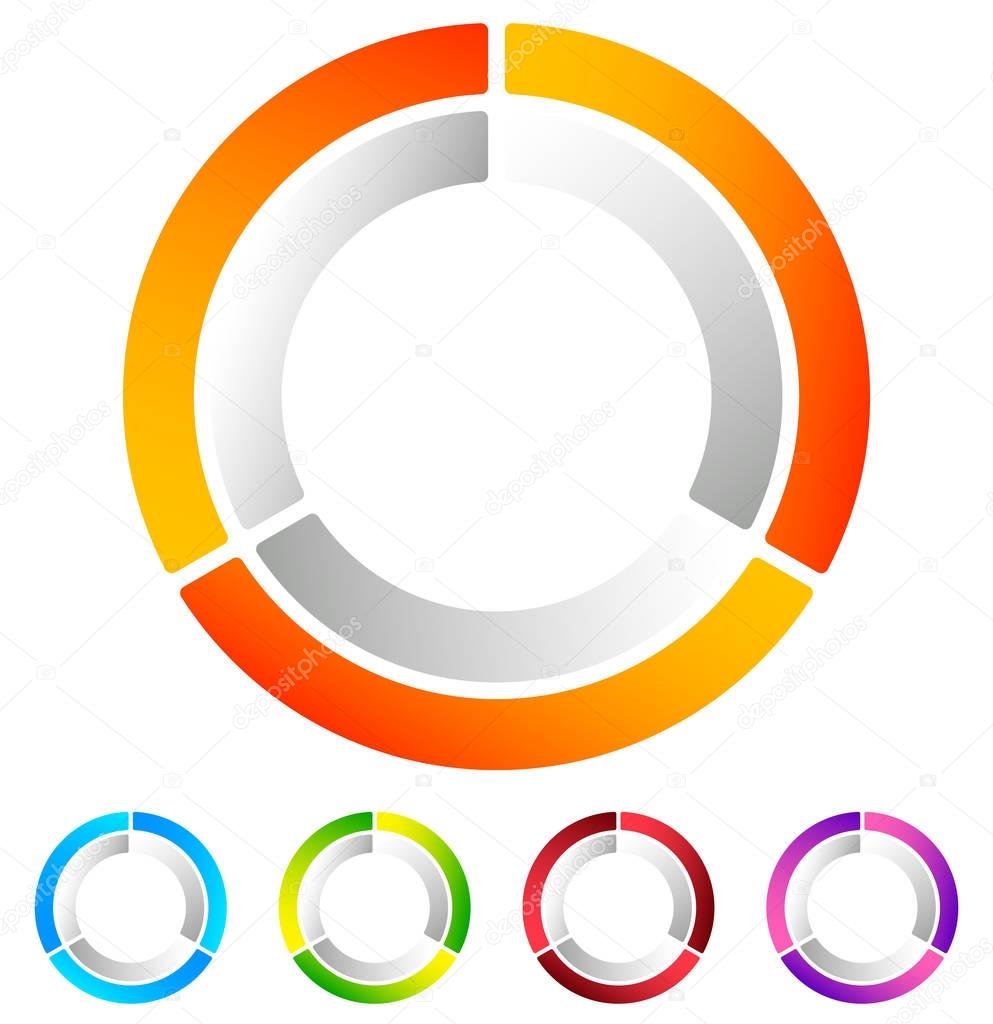 Segmented circle abstract icons. Circular geometric logo, icon in 4 colors. Concentric circles, ring element
