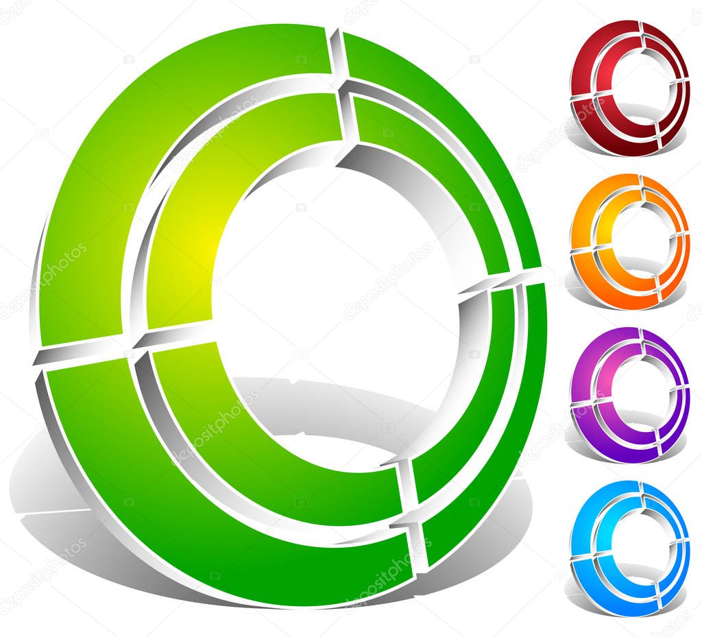 Segmented circle abstract icons. Circular geometric logo, icon in 4 colors. Concentric circles, ring element