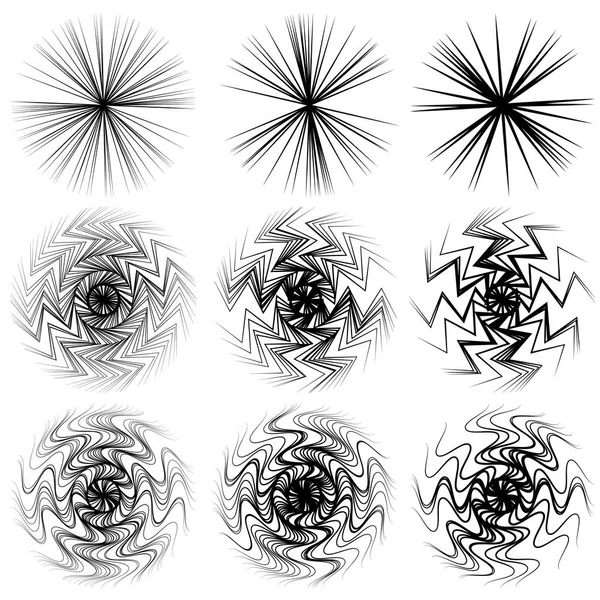 Set of 9 different elements with radial lines — Stock Vector