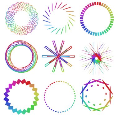Dairesel ve radyal soyut mandalalar, motifler, spektrum renkleriyle dekorasyon tasarımı elemanları. Üretken geometrik ve soyut sanat şekilleri