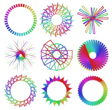 Dairesel ve radyal soyut mandalalar, motifler, spektrum renkleriyle dekorasyon tasarımı elemanları. Üretken geometrik ve soyut sanat şekilleri