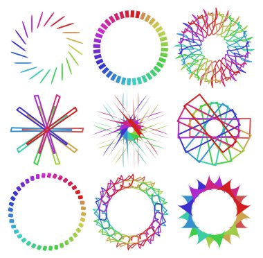 Dairesel ve radyal soyut mandalalar, motifler, spektrum renkleriyle dekorasyon tasarımı elemanları. Üretken geometrik ve soyut sanat şekilleri