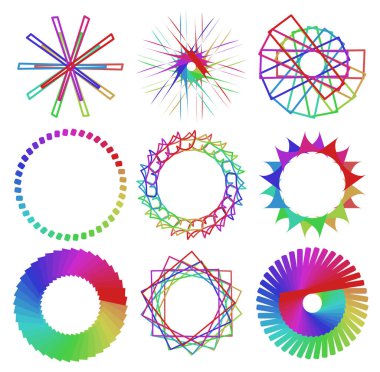 Dairesel ve radyal soyut mandalalar, motifler, spektrum renkleriyle dekorasyon tasarımı elemanları. Üretken geometrik ve soyut sanat şekilleri