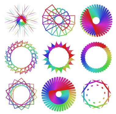 Dairesel ve radyal soyut mandalalar, motifler, spektrum renkleriyle dekorasyon tasarımı elemanları. Üretken geometrik ve soyut sanat şekilleri
