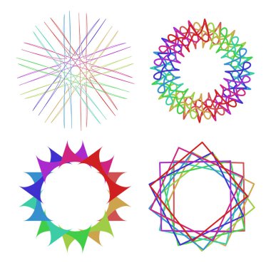 Dairesel ve radyal soyut mandalalar, motifler, spektrum renkleriyle dekorasyon tasarımı elemanları. Üretken geometrik ve soyut sanat şekilleri