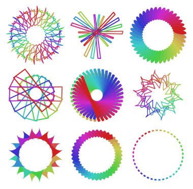 Dairesel ve radyal soyut mandalalar, motifler, spektrum renkleriyle dekorasyon tasarımı elemanları. Üretken geometrik ve soyut sanat şekilleri