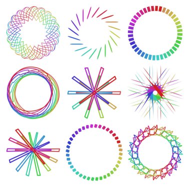 Dairesel ve radyal soyut mandalalar, motifler, spektrum renkleriyle dekorasyon tasarımı elemanları. Üretken geometrik ve soyut sanat şekilleri