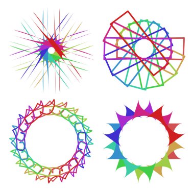 Dairesel ve radyal soyut mandalalar, motifler, spektrum renkleriyle dekorasyon tasarımı elemanları. Üretken geometrik ve soyut sanat şekilleri