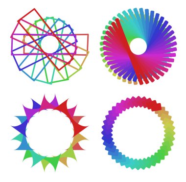 Dairesel ve radyal soyut mandalalar, motifler, spektrum renkleriyle dekorasyon tasarımı elemanları. Üretken geometrik ve soyut sanat şekilleri