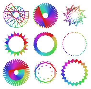 Dairesel ve radyal soyut mandalalar, motifler, spektrum renkleriyle dekorasyon tasarımı elemanları. Üretken geometrik ve soyut sanat şekilleri
