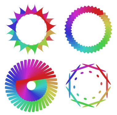 Dairesel ve radyal soyut mandalalar, motifler, spektrum renkleriyle dekorasyon tasarımı elemanları. Üretken geometrik ve soyut sanat şekilleri