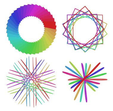 Dairesel ve radyal soyut mandalalar, motifler, spektrum renkleriyle dekorasyon tasarımı elemanları. Üretken geometrik ve soyut sanat şekilleri