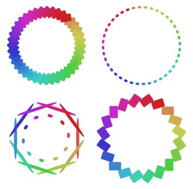 Dairesel ve radyal soyut mandalalar, motifler, spektrum renkleriyle dekorasyon tasarımı elemanları. Üretken geometrik ve soyut sanat şekilleri