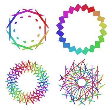 Dairesel ve radyal soyut mandalalar, motifler, spektrum renkleriyle dekorasyon tasarımı elemanları. Üretken geometrik ve soyut sanat şekilleri