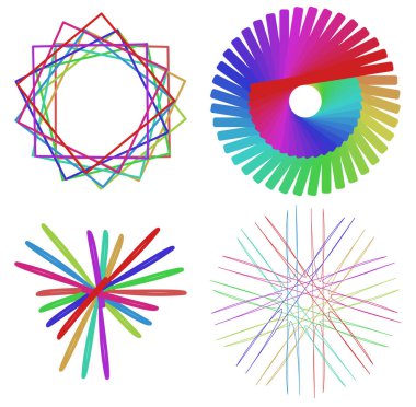 Dairesel ve radyal soyut mandalalar, motifler, spektrum renkleriyle dekorasyon tasarımı elemanları. Üretken geometrik ve soyut sanat şekilleri