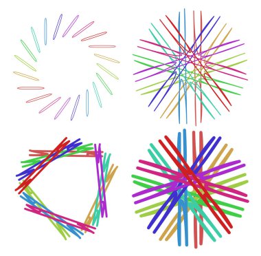 Dairesel ve radyal soyut mandalalar, motifler, spektrum renkleriyle dekorasyon tasarımı elemanları. Üretken geometrik ve soyut sanat şekilleri
