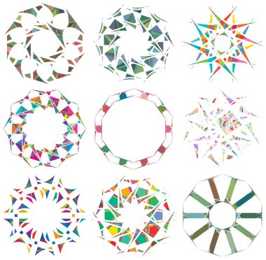 Parçalanmış kristal, mücevher gibi mandala tasviri. Kristalize olmuş, parçalanmış, yırtılmış çizimler. Soyut tesselleme şekli. Renkli geometrik dekorasyon, süs 