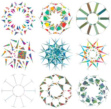 Parçalanmış kristal, mücevher gibi mandala tasviri. Kristalize olmuş, parçalanmış, yırtılmış çizimler. Soyut tesselleme şekli. Renkli geometrik dekorasyon, süs 