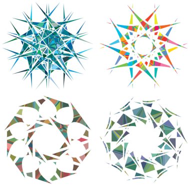 Parçalanmış kristal, mücevher gibi mandala tasviri. Kristalize olmuş, parçalanmış, yırtılmış çizimler. Soyut tesselleme şekli. Renkli geometrik dekorasyon, süs 