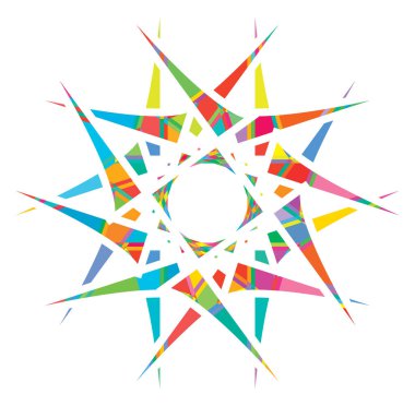 Parçalanmış kristal, mücevher gibi mandala tasviri. Kristalize olmuş, parçalanmış, yırtılmış çizimler. Soyut tesselleme şekli. Renkli geometrik dekorasyon, süs 