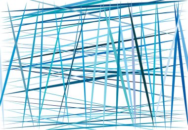 Rastgele ve kaotik çizgileri olan renkli mavi soyut geometrik sanat. Düz geçiş, kesişen çizgiler doku, çizgiler desen