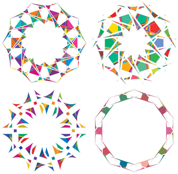 Shattered crystal, gem-like mandala imagery. Crystallized, fragmented, ruptured illustration. Abstract tessellating shape. Colorful geometric decoration, ornament 