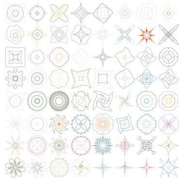 Geometric mandala / ornament / decoration symbol, icon. Simple, basic circular, concentric abstract design element. Lotus, floral motif (Colorful, multi-color lined, outline version)