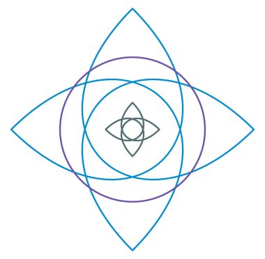 Geometric mandala / ornament / decoration symbol, icon. Simple, basic circular, concentric abstract design element. Lotus, floral motif (Colorful, multi-color lined, outline version)