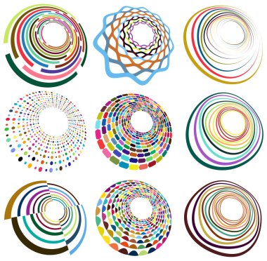 Noktalı, çok renkli ve renkli spiral seti, girdap, kıvrım şekilleri. Girdap, dönme, dönme, bükülme, bükülme efekti ile girdap şekli