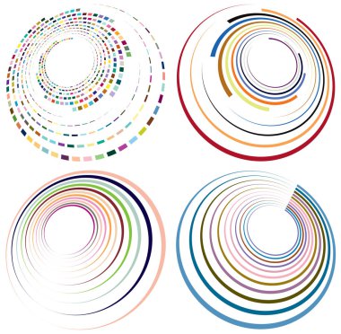 Noktalı, çok renkli ve renkli spiral seti, girdap, kıvrım şekilleri. Girdap, dönme, dönme, bükülme, bükülme efekti ile girdap şekli