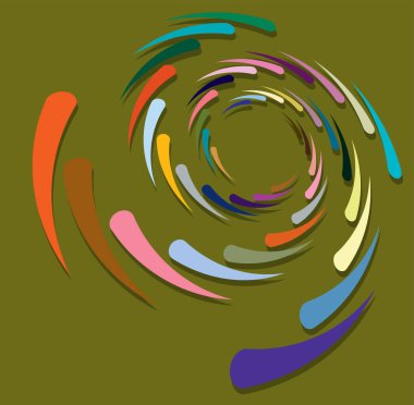 Tek noktalı, çok renkli ve renkli spiral, girdap, dönme elementi. Çarpık döngüsel, dairesel ve dairesel, ışınımlı girdap, renkli arkaplan üzerinde volt şekli, arka plan