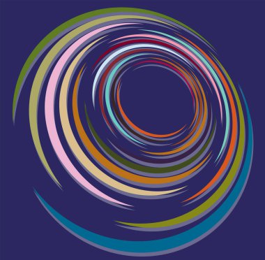 Tek noktalı, çok renkli ve renkli spiral, girdap, dönme elementi. Çarpık döngüsel, dairesel ve dairesel, ışınımlı girdap, renkli arkaplan üzerinde volt şekli, arka plan