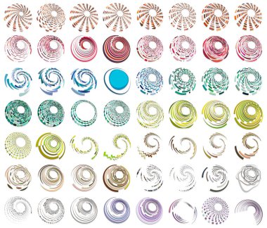 Renkli, çok renkli ve monokrom döngülü bisiklet eşmerkezli halkalar. Dönen spiraller, girdaplar, girdaplar, girdaplar ve girdaplar. soyut dairesel, dairesel döngü şekilleri, elementler
