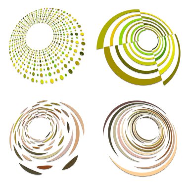 Renkli, çok renkli ve monokrom döngülü bisiklet eşmerkezli halkalar. Dönen spiraller, girdaplar, girdaplar, girdaplar ve girdaplar. soyut dairesel, dairesel döngü şekilleri, elementler