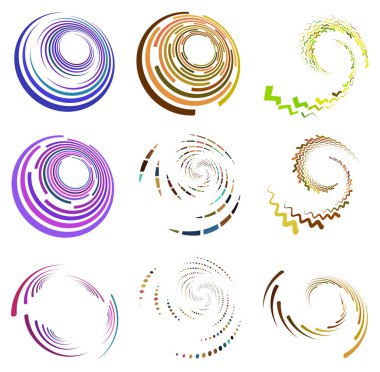 Renkli, çok renkli ve monokrom döngülü bisiklet eşmerkezli halkalar. Dönen spiraller, girdaplar, girdaplar, girdaplar ve girdaplar. soyut dairesel, dairesel döngü şekilleri, elementler