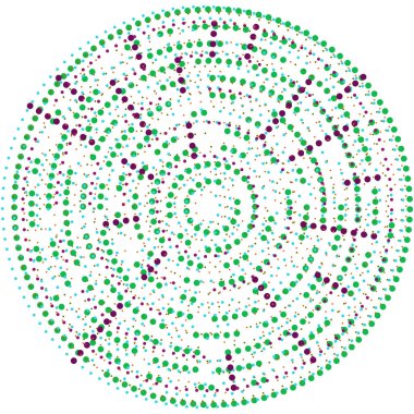 Rastgele noktalar, çemberler soyut. Benekler, noktalı radyal, yayılan, dairesel geometrik çizimler. Puantiye, nokta listesi, noktalama tasarım elementi