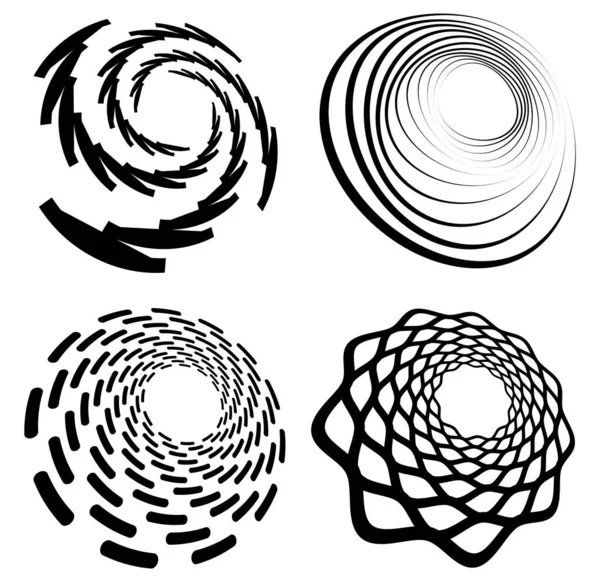 Set Black White Vortex Volute Shapes Twisted Helix Elements — Stock Vector