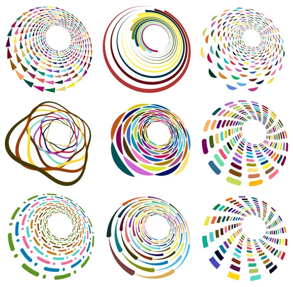 Set Mottled Multi Color Colorful Spiral Swirl Twirl Shapes Vortex — Stock Vector