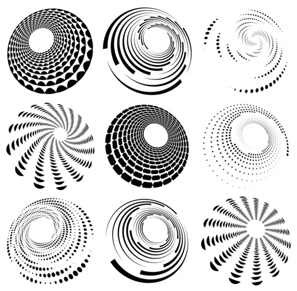 Set Black White Vortex Volute Shapes Twisted Helix Elements — Stock Vector