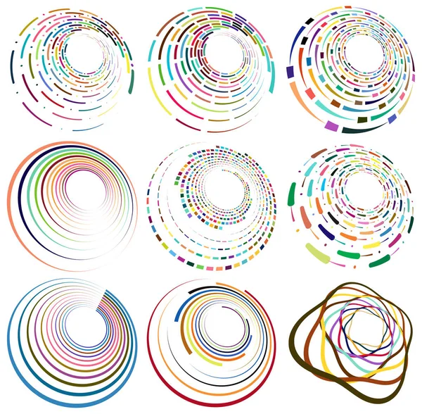 Set Mottled Multi Color Colorful Spiral Swirl Twirl Shapes Vortex — Stock Vector