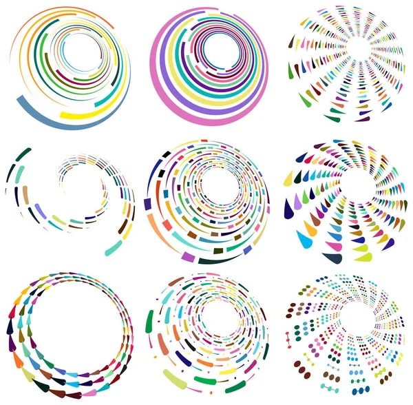 一套斑驳 色彩斑斓的螺旋形 螺旋形 螺旋形 具有旋转 线圈扭曲效果 — 图库矢量图片
