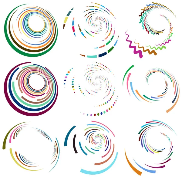 Set Mottled Multi Color Colorful Spiral Swirl Twirl Shapes Vortex — Stock Vector