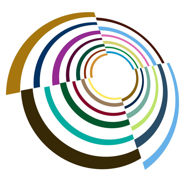 Single mottled, multi-color and colorful spiral, swirl, twirl element. Twisted cyclic, circular and radial, radiating whorl, volute shape