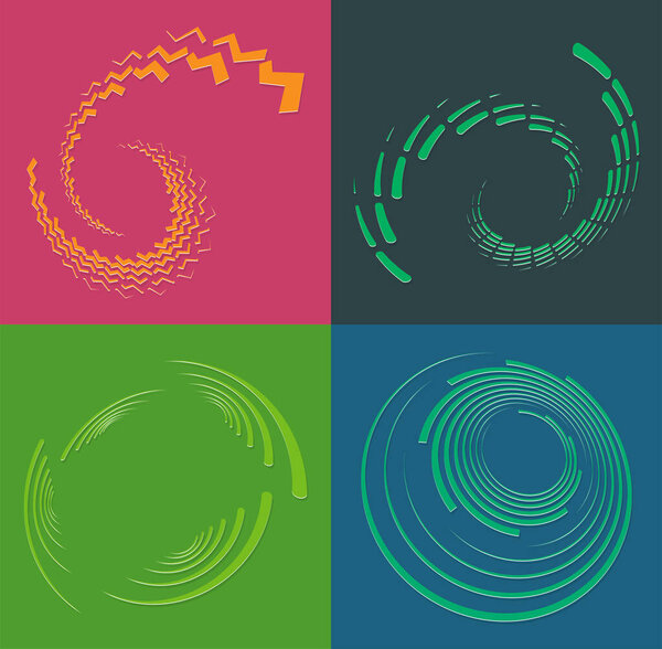 set of duotone curly, coil, gyration volute shapes. twine vortexes rotating in concentric, radial, radiating and circular, circling fashion