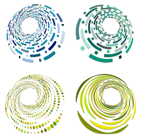 Набор Красочных Разноцветных Монохромных Циклических Цикличных Концентрических Колец Вращающиеся Спирали — стоковый вектор