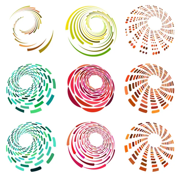 Conjunto Colores Multicolor Monocromo Cíclico Anillos Concéntricos Ciclo Espirales Giradas — Vector de stock