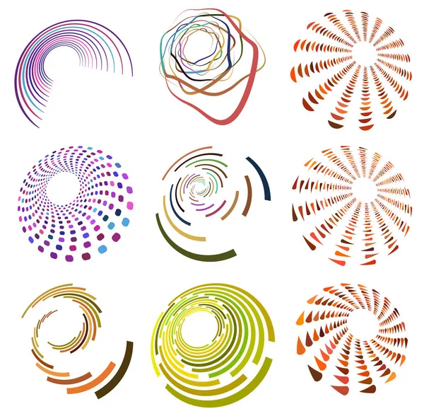 一组色彩艳丽 色彩斑斓 单色循环 循环同心环 旋转的螺旋桨 螺旋桨和涡旋 抽象的圆形径向环形状 — 图库矢量图片
