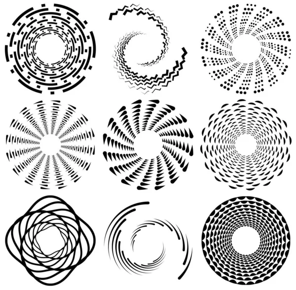 Набор Черно Белых Вихрей Объемных Форм Изогнутые Спиральные Элементы — стоковый вектор