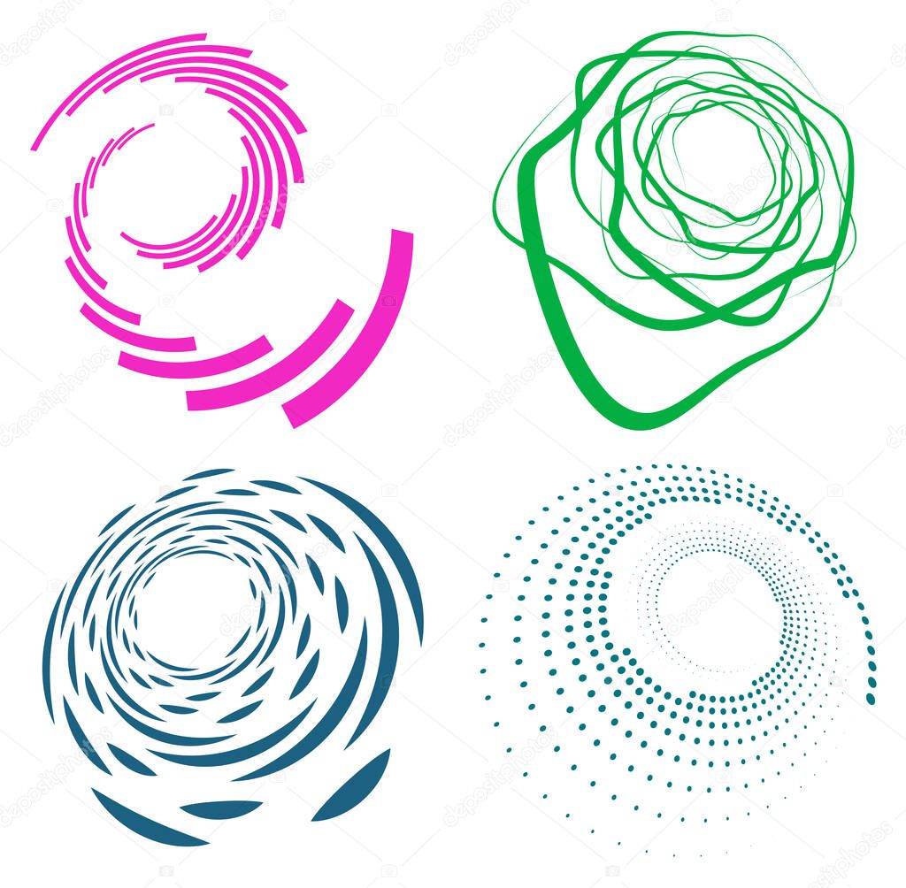 Set of single-colored,monochrome twirl, swirl. Shape with rotation, spin, spiral distortion. Helix, volute and twine design element